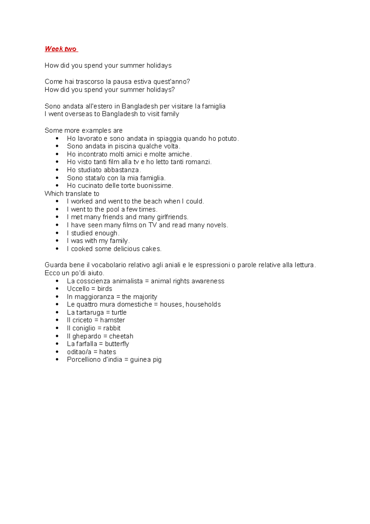 Italian Language and Culture 3 Notes - Week two How did you spend your ...