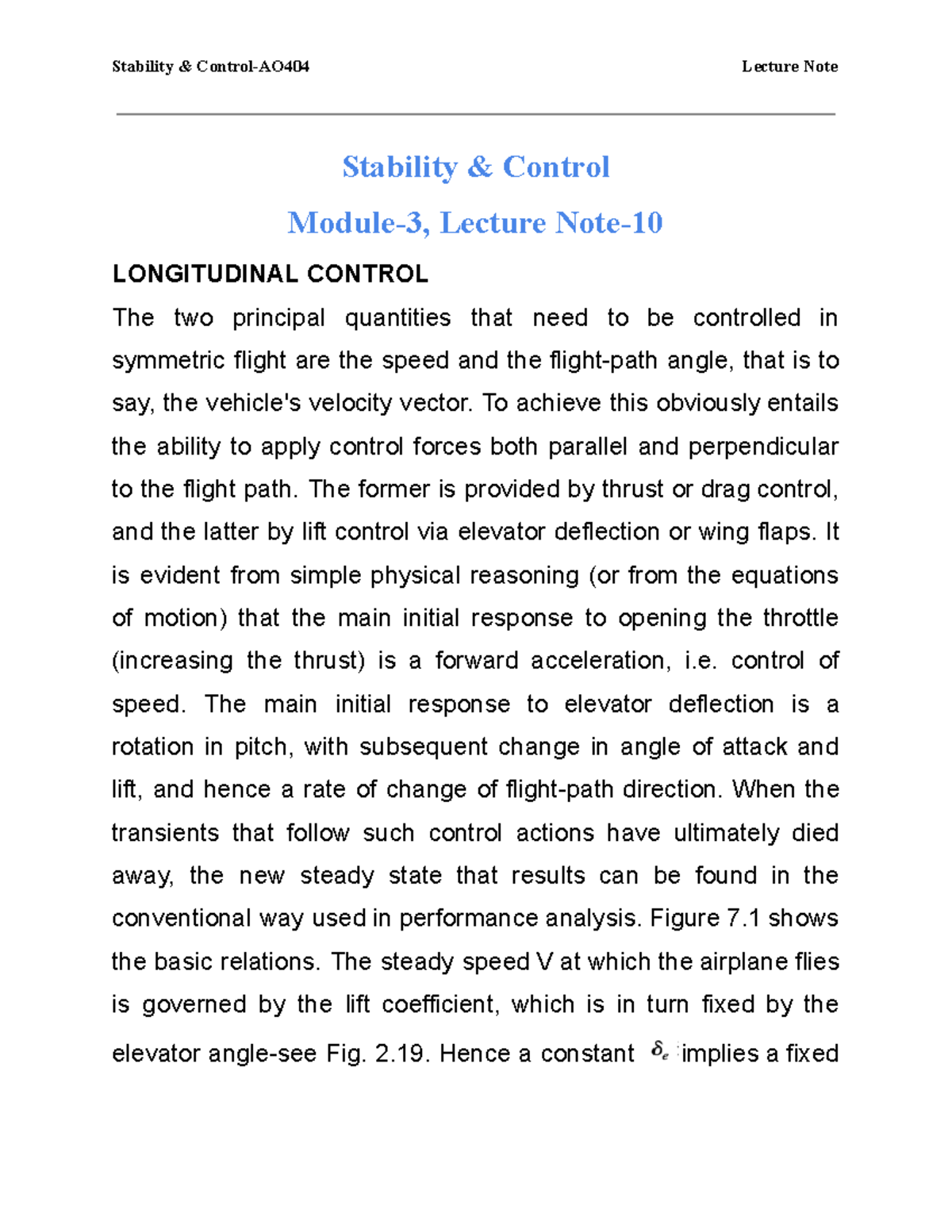 Stability And Control Module 3 Lecture Note 10 Stability Control 