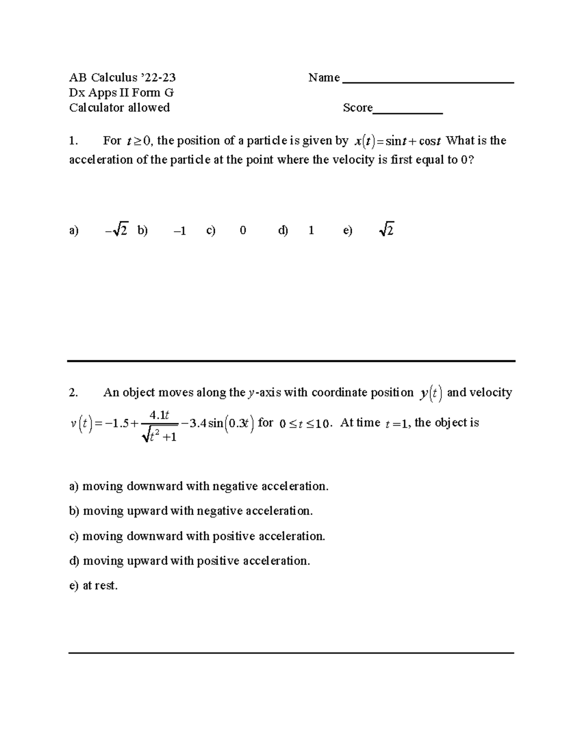 Ab23 dx apps ii test form g - ####### AB Calculus ’2 2 - 23 Name ...