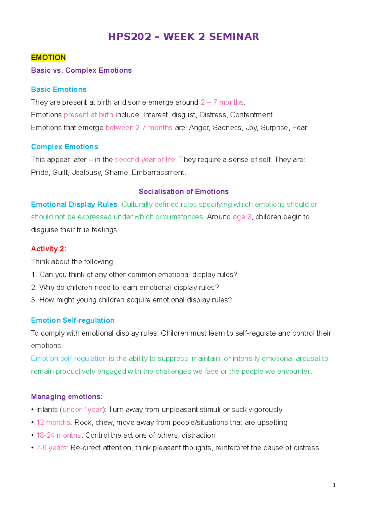 HPS202 Week 2 Seminar Notes (Emotional Development) - HPS202 – WEEK 2 ...