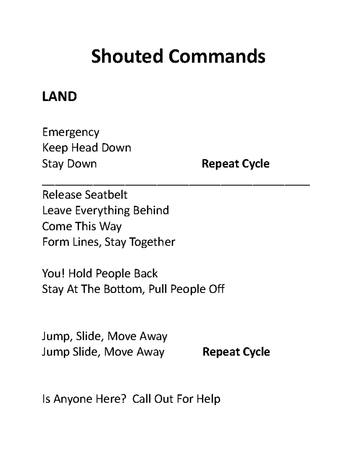 Shouted Commands FSO410 Shouted Commands LAND Emergency Keep Head