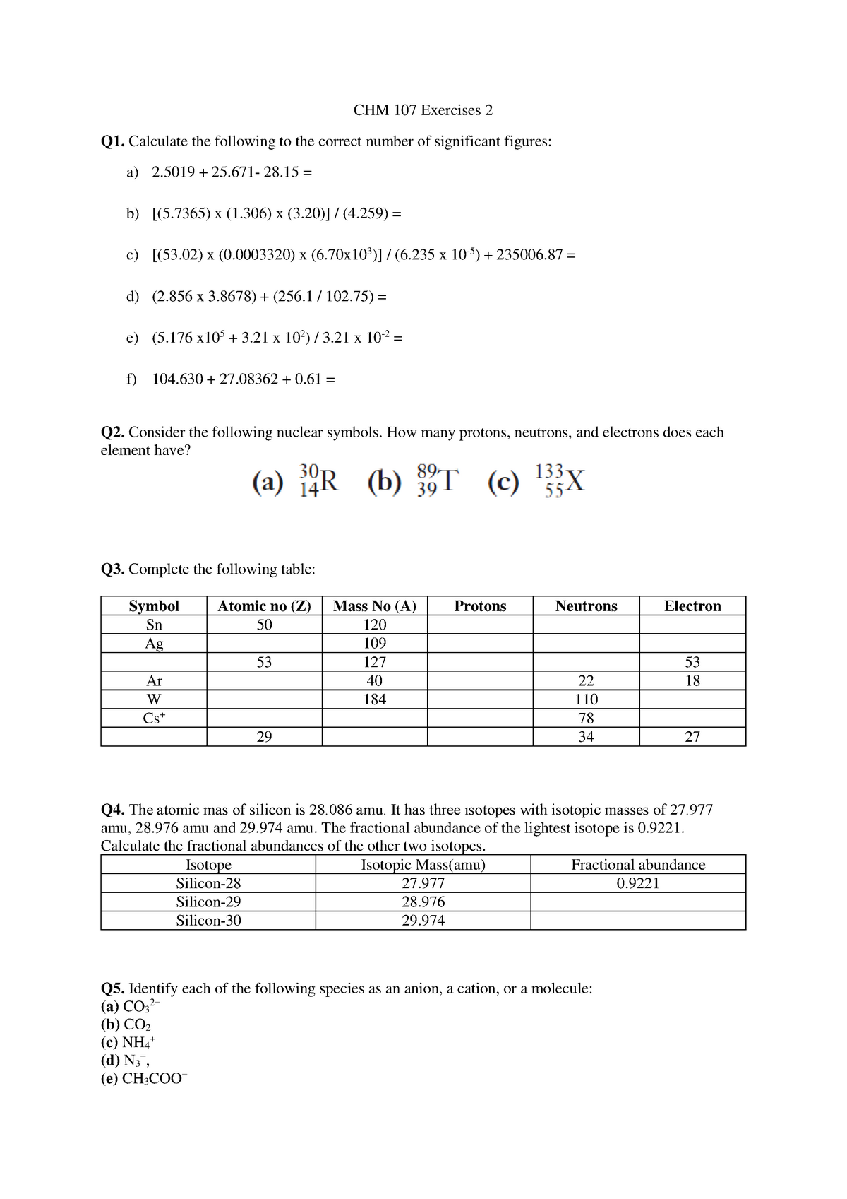 CHM 107 Exercises 2 - Practice questions for CHM 107. - CHM 107 ...