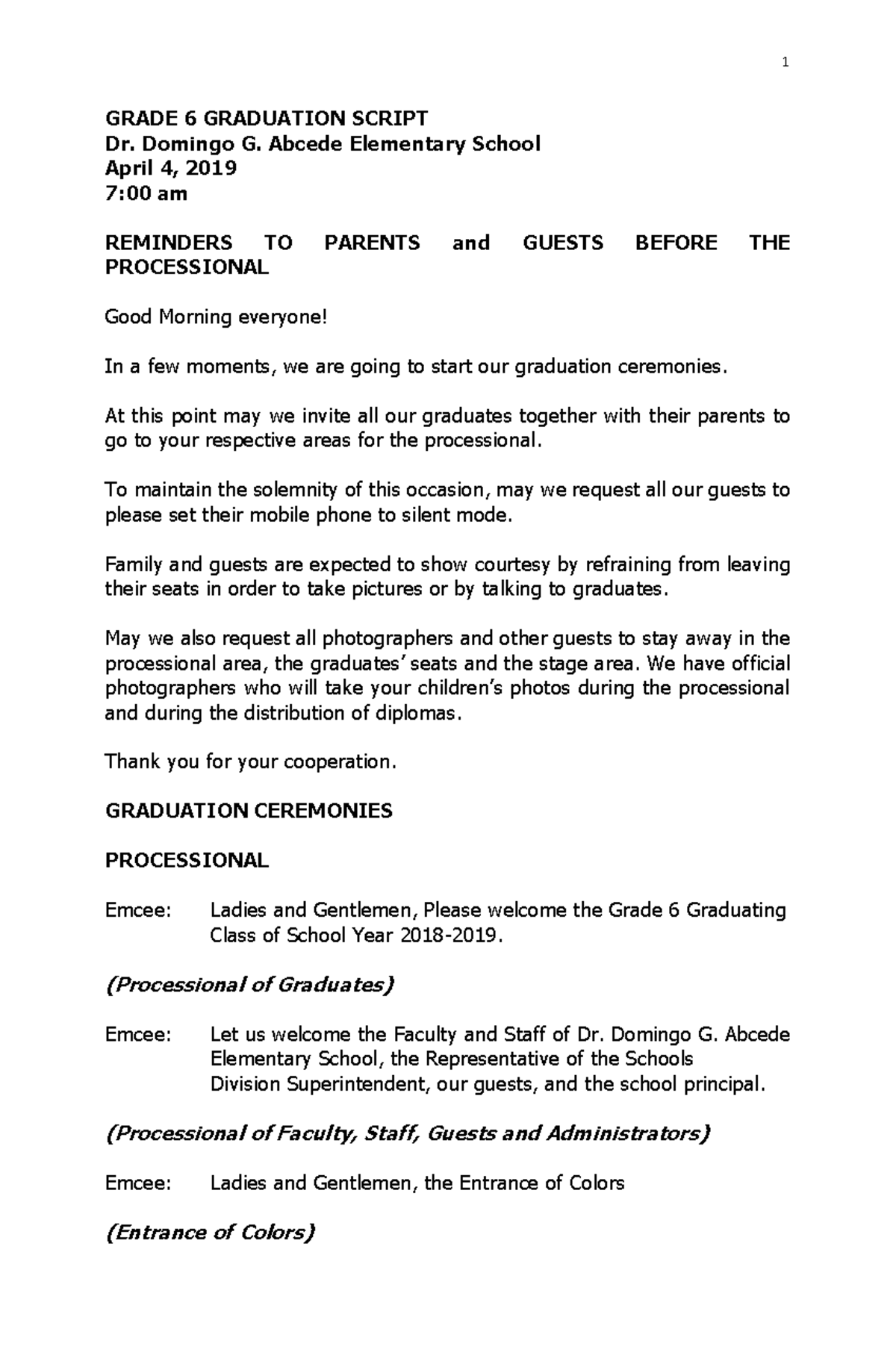 graduation script - GRADE 6 GRADUATION SCRIPT Dr. Domingo G. Abcede ...
