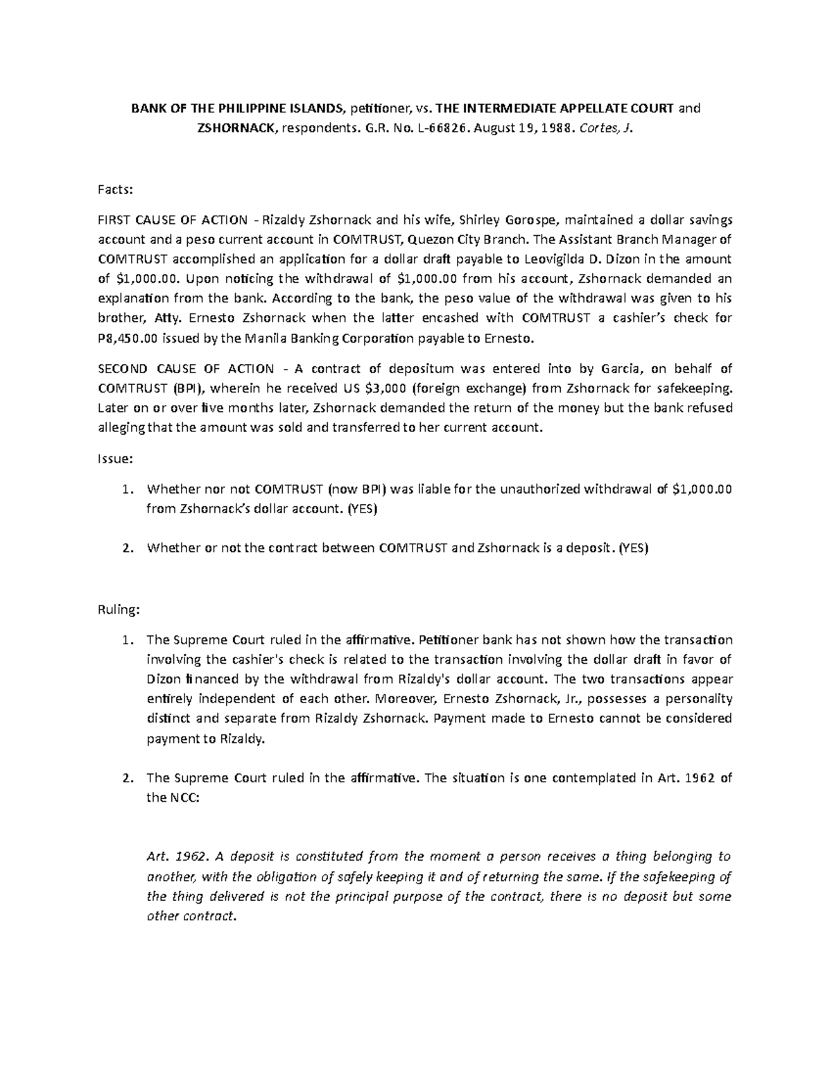 Zschornack - digest - BANK OF THE PHILIPPINE ISLANDS, petitioner, vs ...