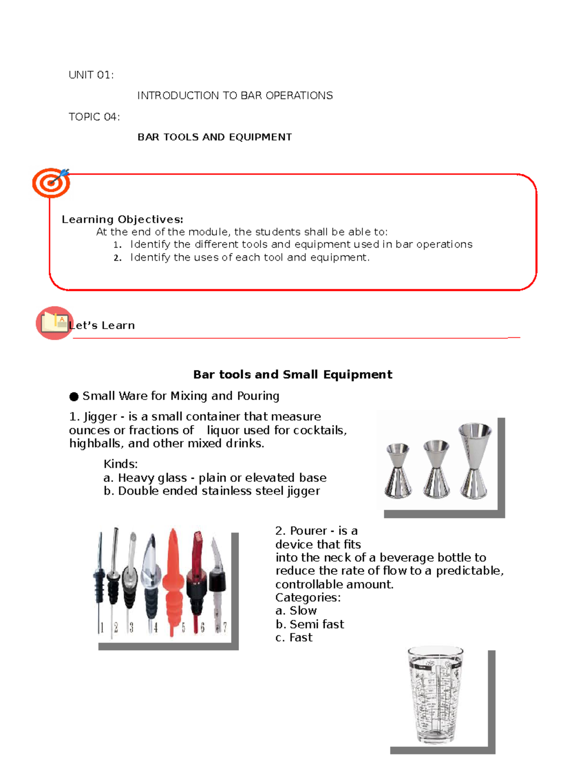 Unit 1 Topic 4 Bar Tools and Equipment UNIT 01 INTRODUCTION TO BAR