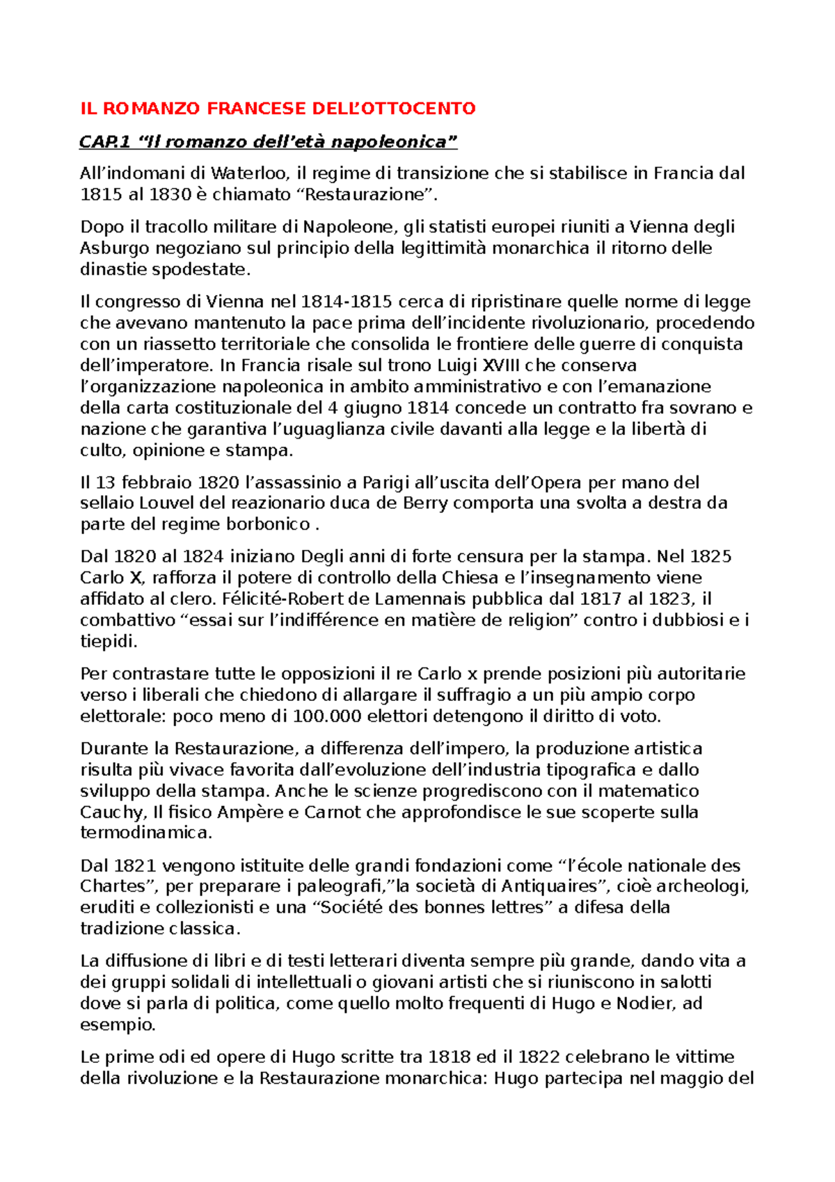 IL Romanzo Francese DELL' Ottocento (riassunto