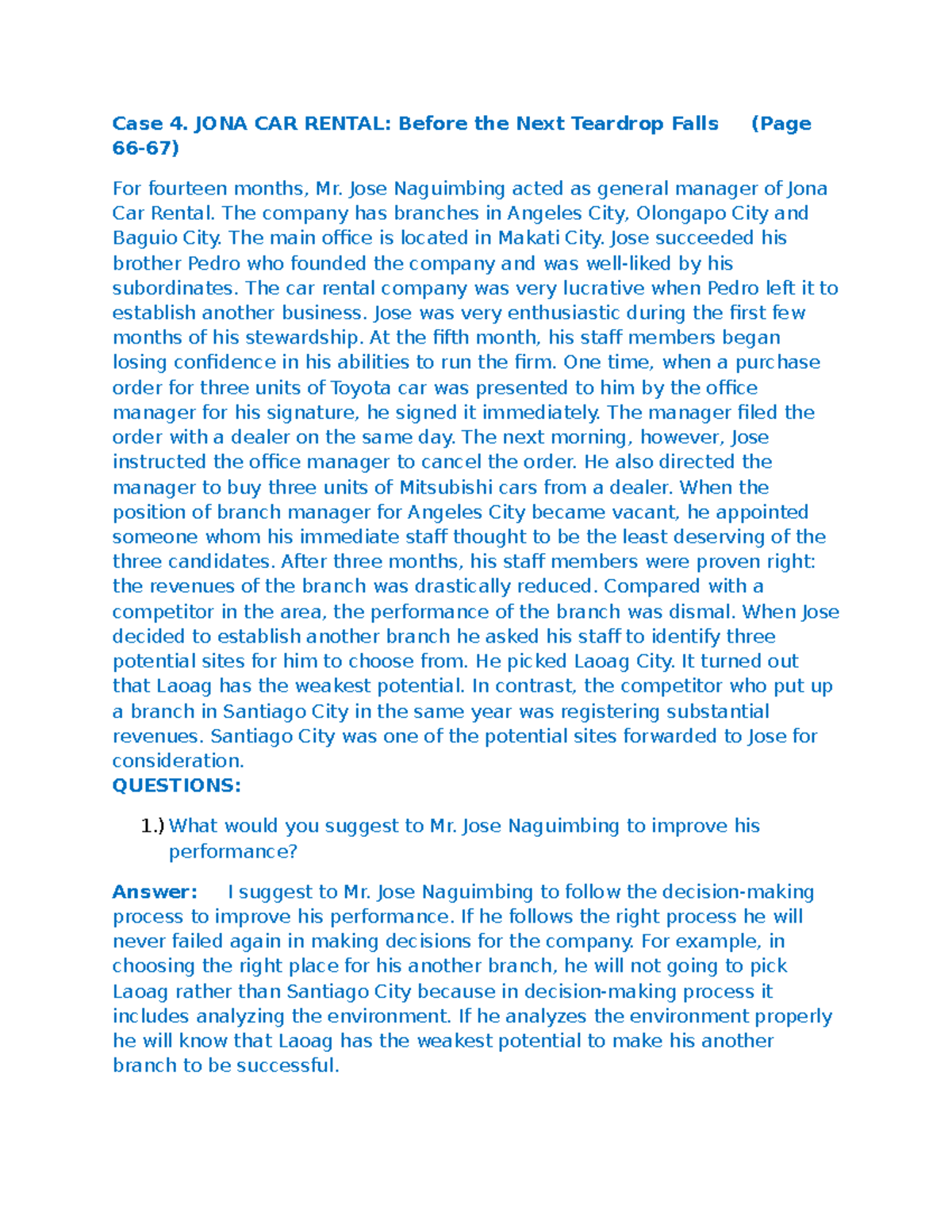 339553918CaseProblemsMG1Proj Case 4. JONA CAR RENTAL Before the