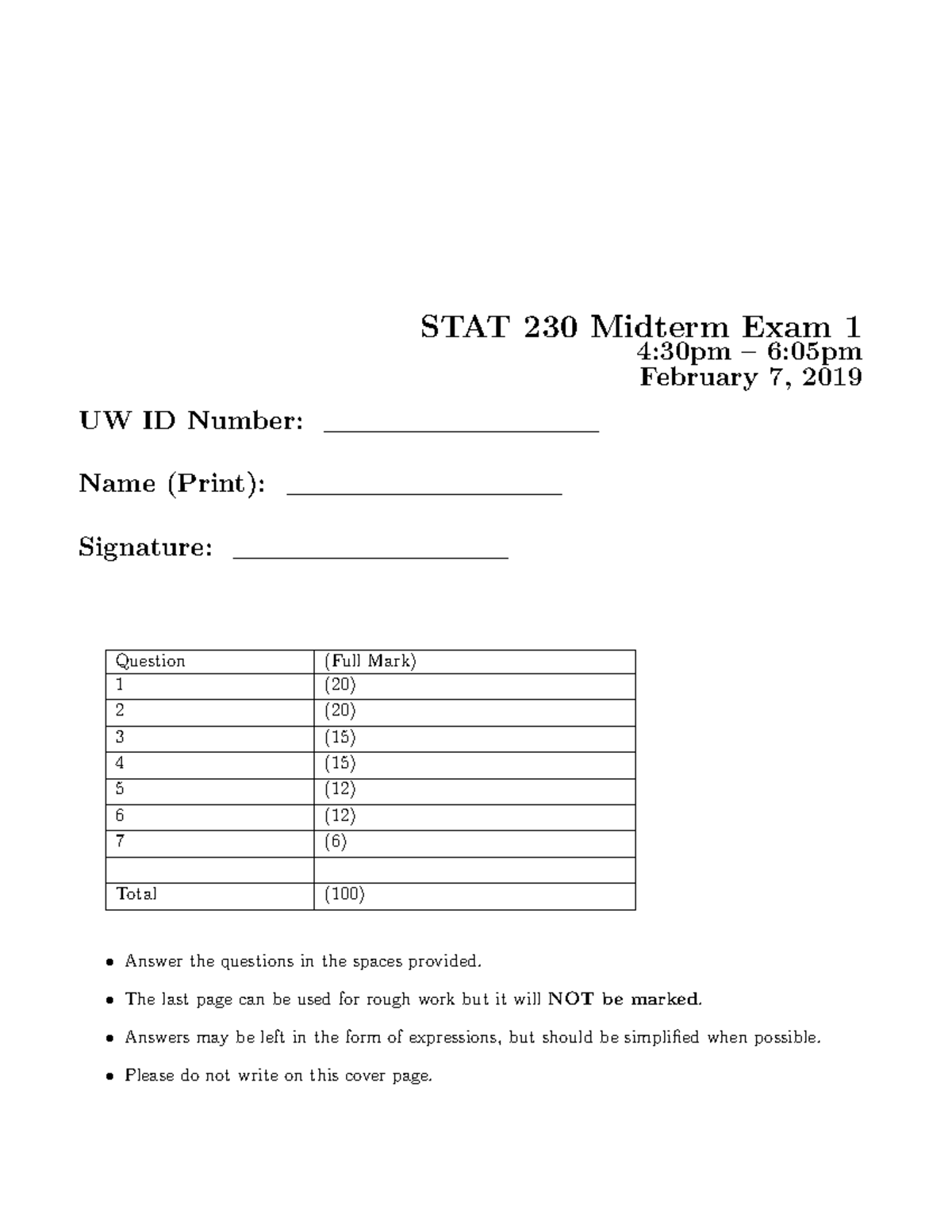 Midterm 1 2019, questions and answers - STAT 230 Midterm Exam 1 4:30pm ...