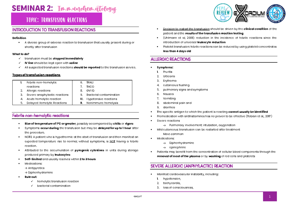 Topic 1 Transfusion Reactions Immunohematology INTRODUCTION TO
