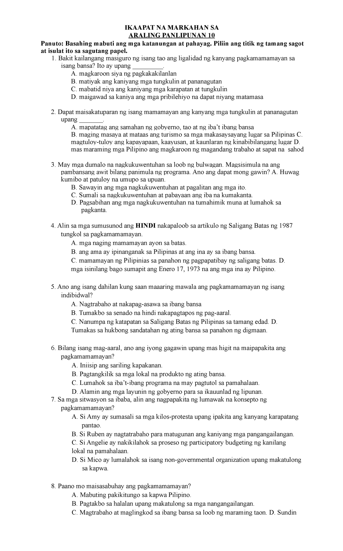 AP 10 -Q4- Assessment - IKAAPAT NA MARKAHAN SA ARALING PANLIPUNAN 10 ...