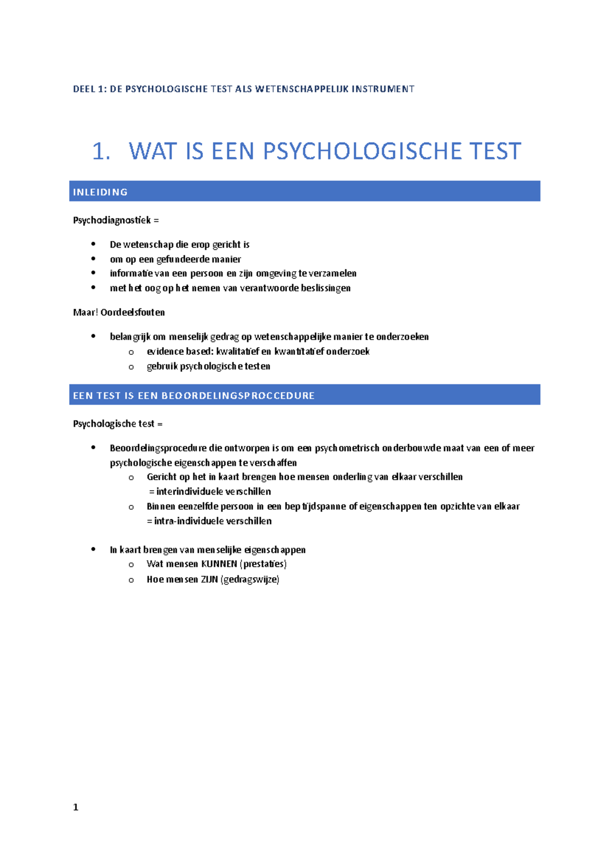 Inleiding Psychodiagnostiek - DEEL 1: DE PSYCHOLOGISCHE TEST ALS ...