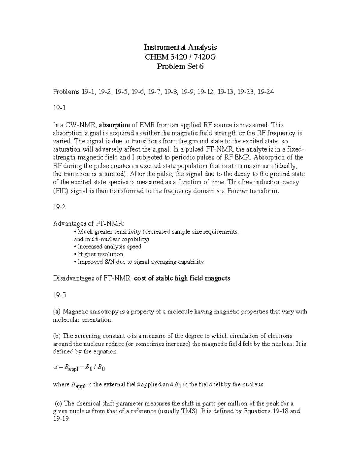 Instrumental Analysis Problem set (solutions) 6 Instrumental