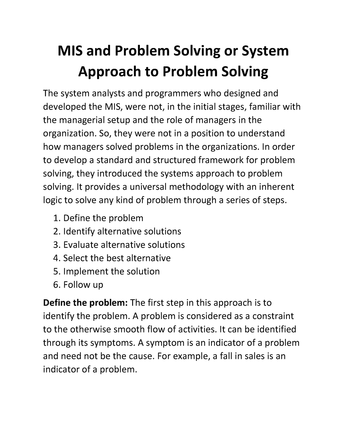 systems approach to problem solving in mis