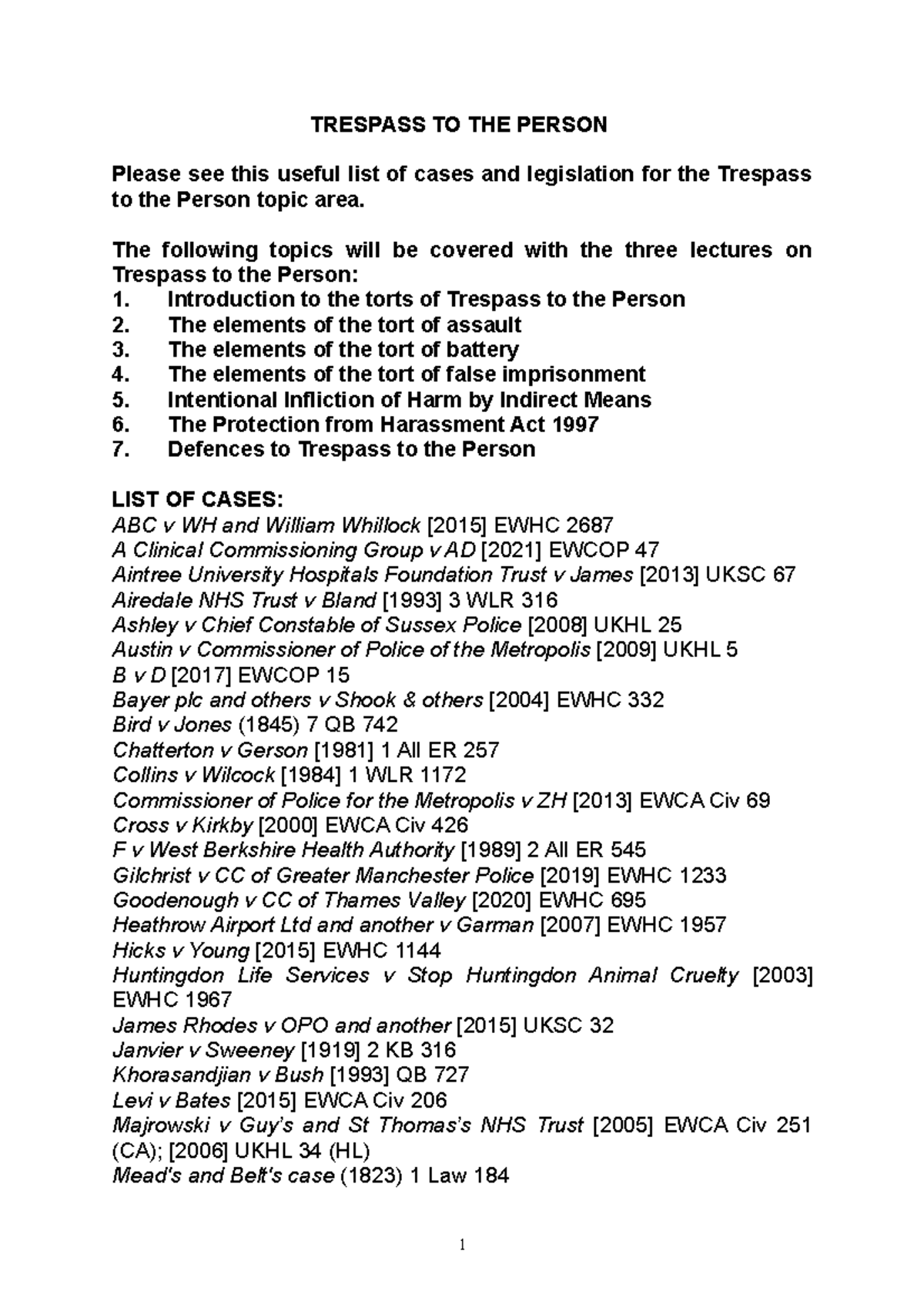 Trespass List of Cases and Materials 23 TRESPASS TO THE PERSON Please