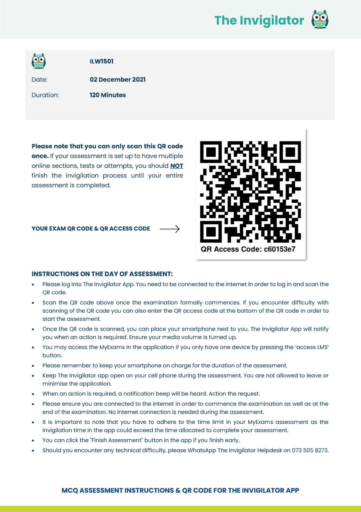 ILW1501 Exam 2 December 2021 MCQ QR Code And Instructions For Students ...