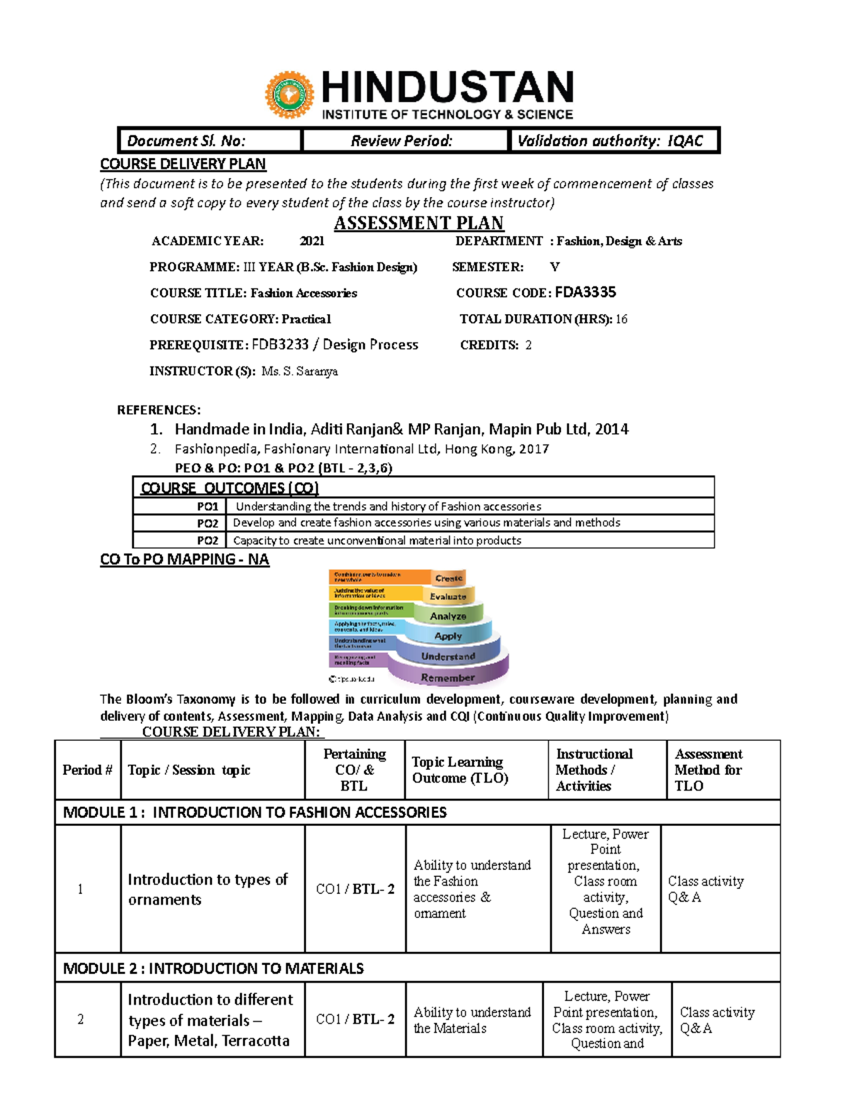 CDP -fashion accessories - COURSE DELIVERY PLAN (This document is to be ...