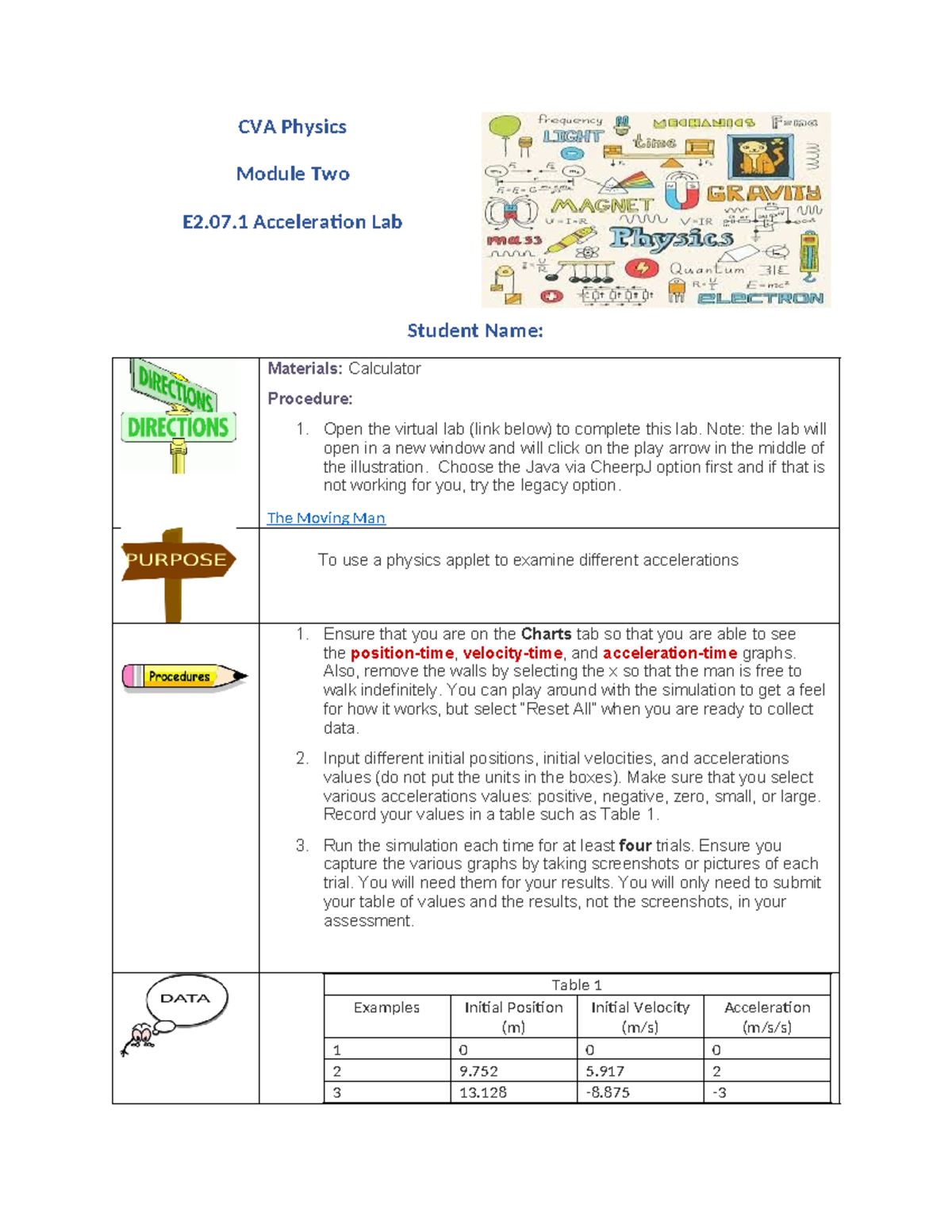 E2.07.1 Acceleration Lab - CVA Physics Module Two E2.07 Acceleration ...