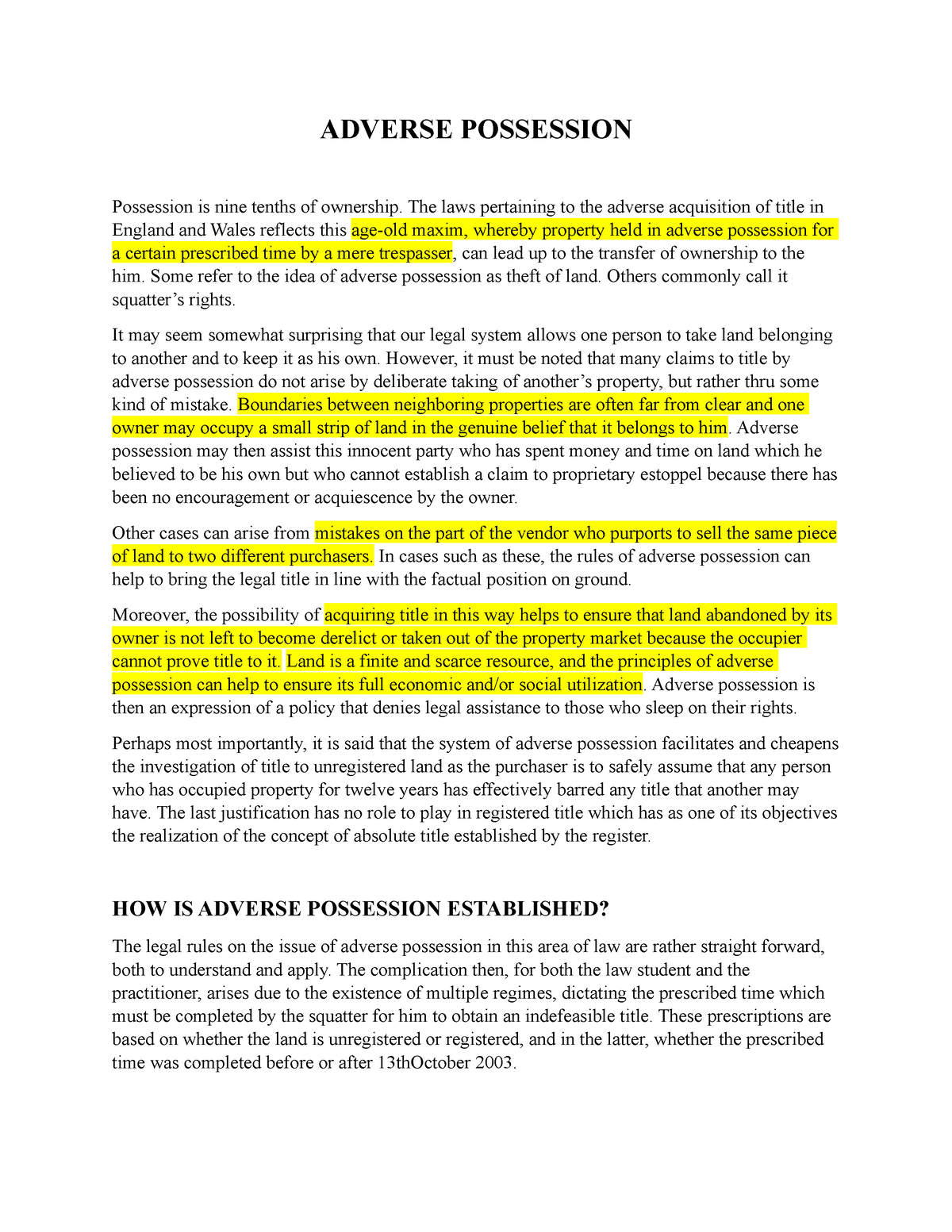 Adverse Possession Notes Adverse Possession Possession Is Nine Tenths Of Ownership The Laws 9666