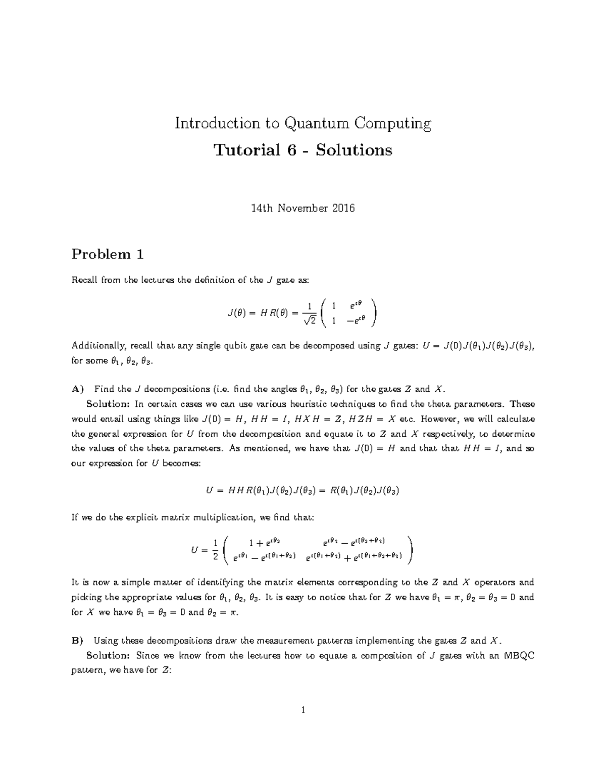 Tutorial 6Sol - Introduction To Quantum Computing Tutorial 6 ...