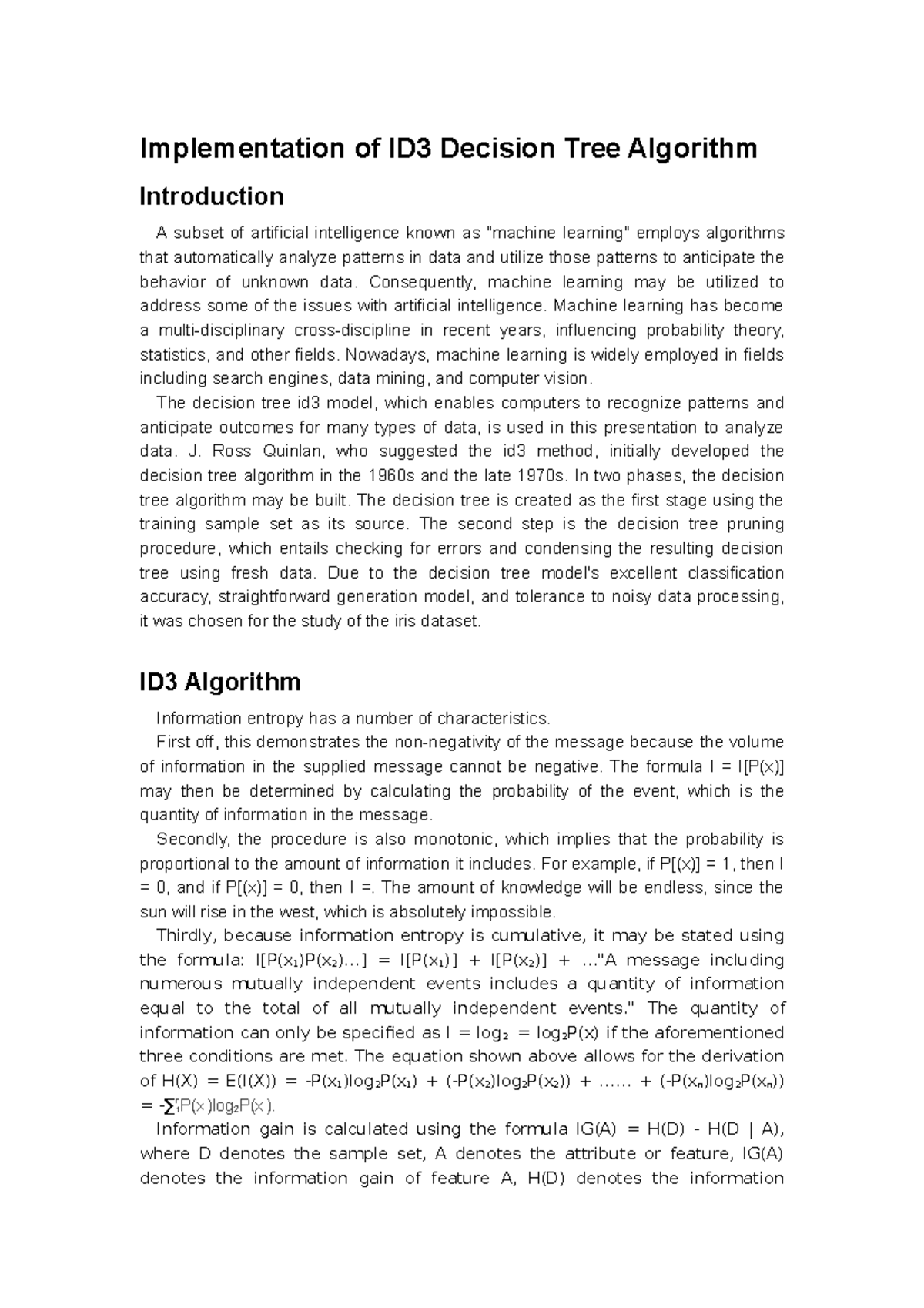 31005 AT2 - Implementation of ID3 Decision Tree Algorithm Introduction ...