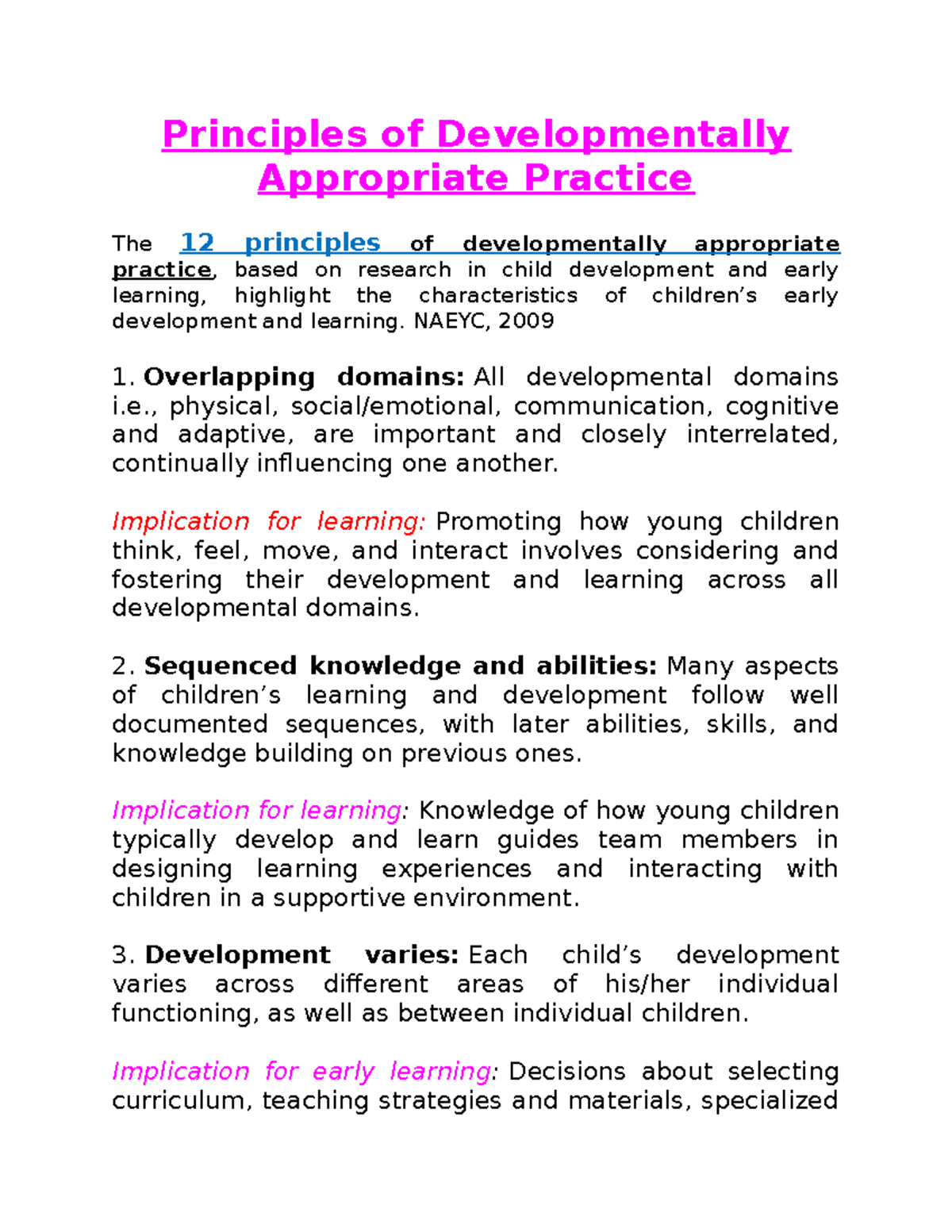 Ferce Principles of Developmentally Appropriate Practice - Principles ...