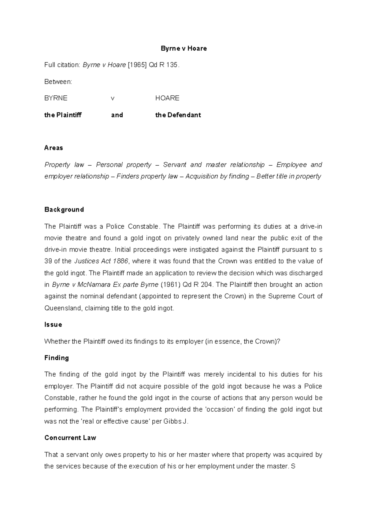 Byrne v Hoare Case summary Byrne v Hoare Full citation Byrne v