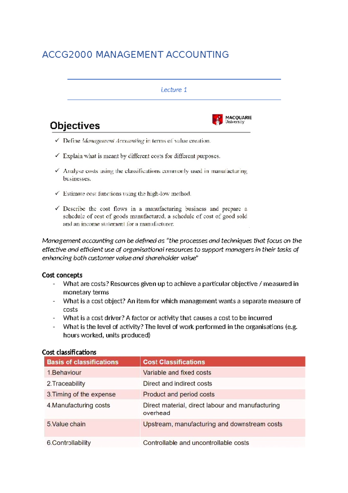 Lecture notes - ACCG2000 - ACCG2000 MANAGEMENT ACCOUNTING Lecture 1 ...