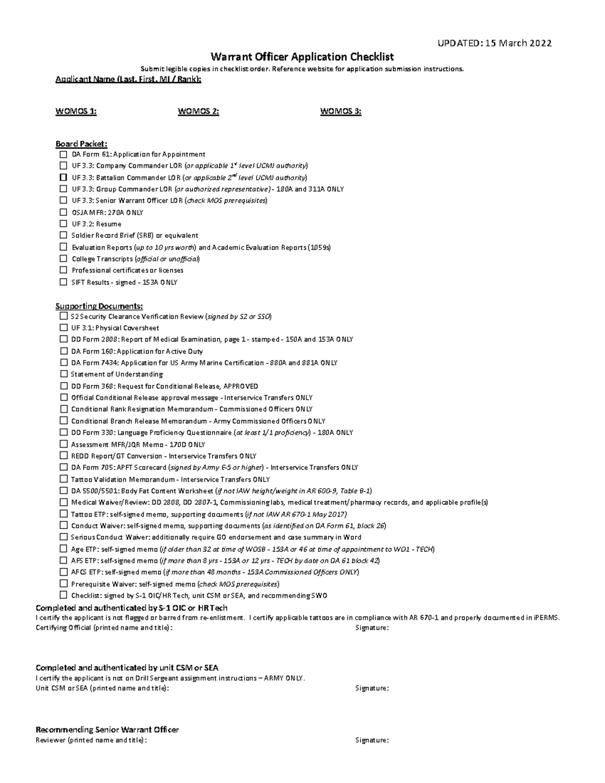 Applicant Checklist 15 Mar 22 1 UPDATED 15 March 2022 Warrant