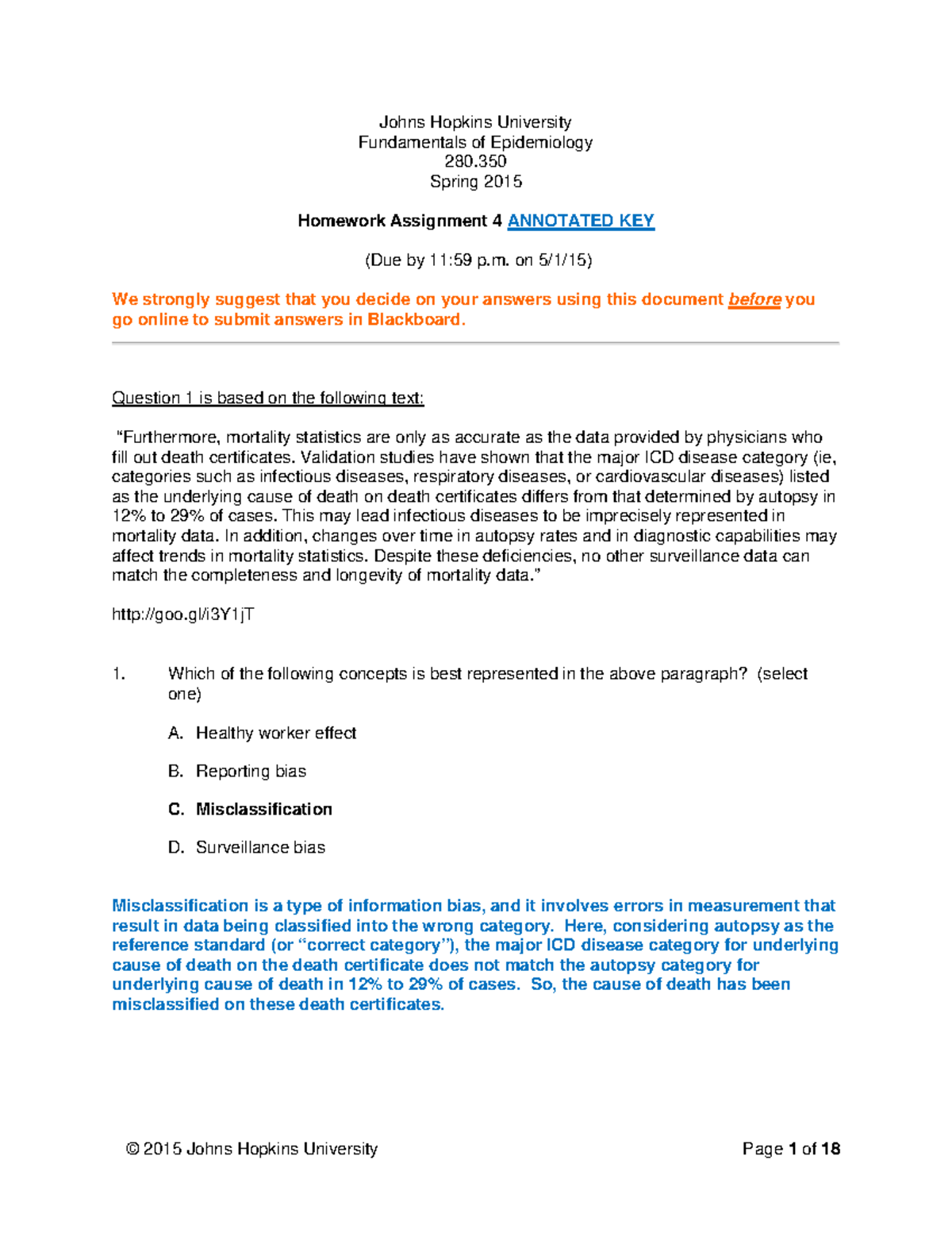 Homework Assignment 4 Annotated Key Johns Hopkins University