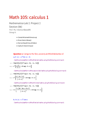 Project 5 of calculus 1 using mathematica program - Math 105: calculus ...