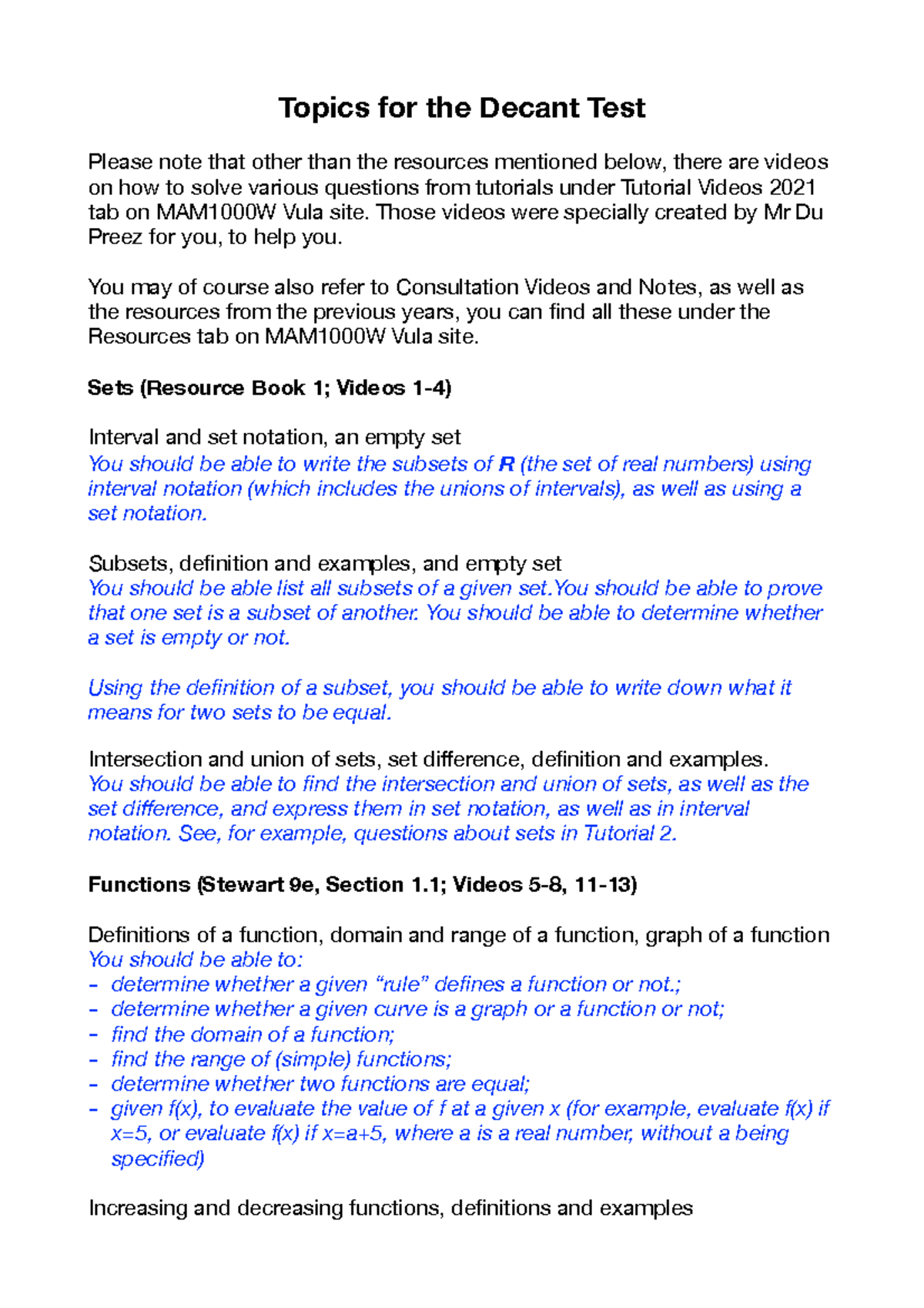 Decant Test 2021 Topics - Topics for the Decant Test Please note that ...