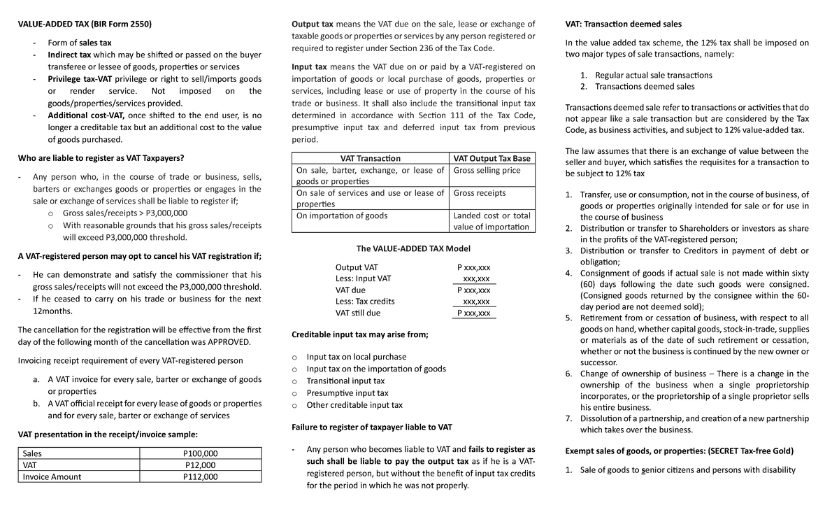 VAT-OPT - VAT OPT - VALUE-ADDED TAX (BIR Form 2550) - Form of sales tax ...