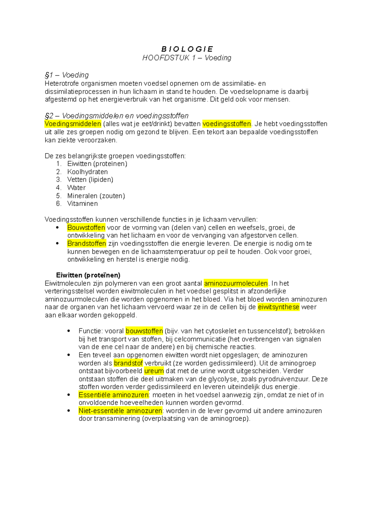 Biologie - H1 Voeding - B I O L O G I E HOOFDSTUK 1 – Voeding §1 ...