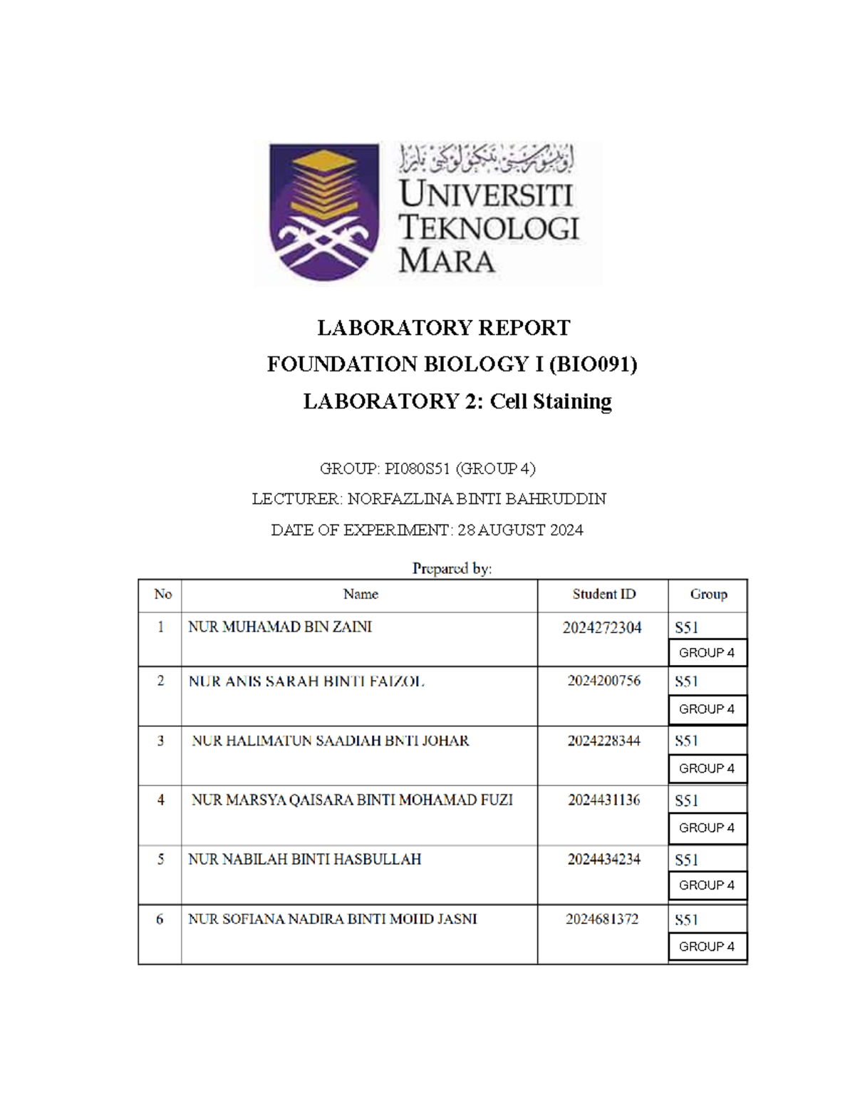 Cell staining lab report - LABORATORY REPORT FOUNDATION BIOLOGY I ...