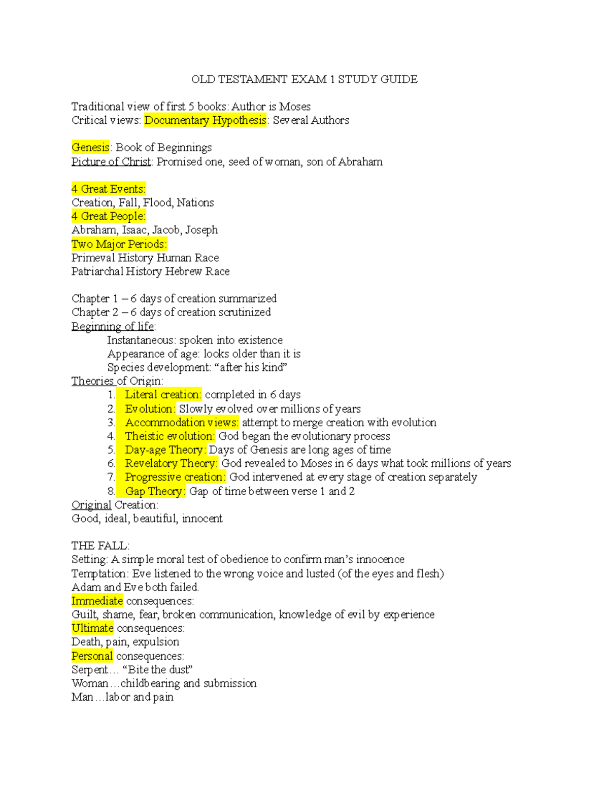OT EXAM 1 Study Guide - OLD TESTAMENT EXAM 1 STUDY GUIDE Traditional ...