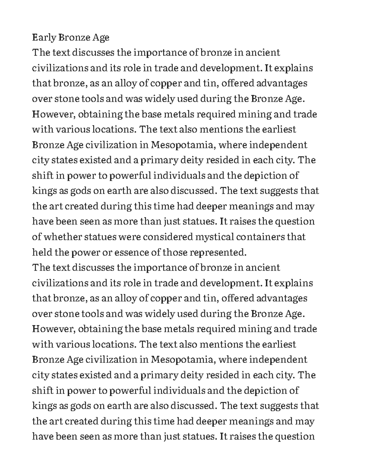 Ch4.1 Early Bronze Age Summary Early Bronze Age The text discusses