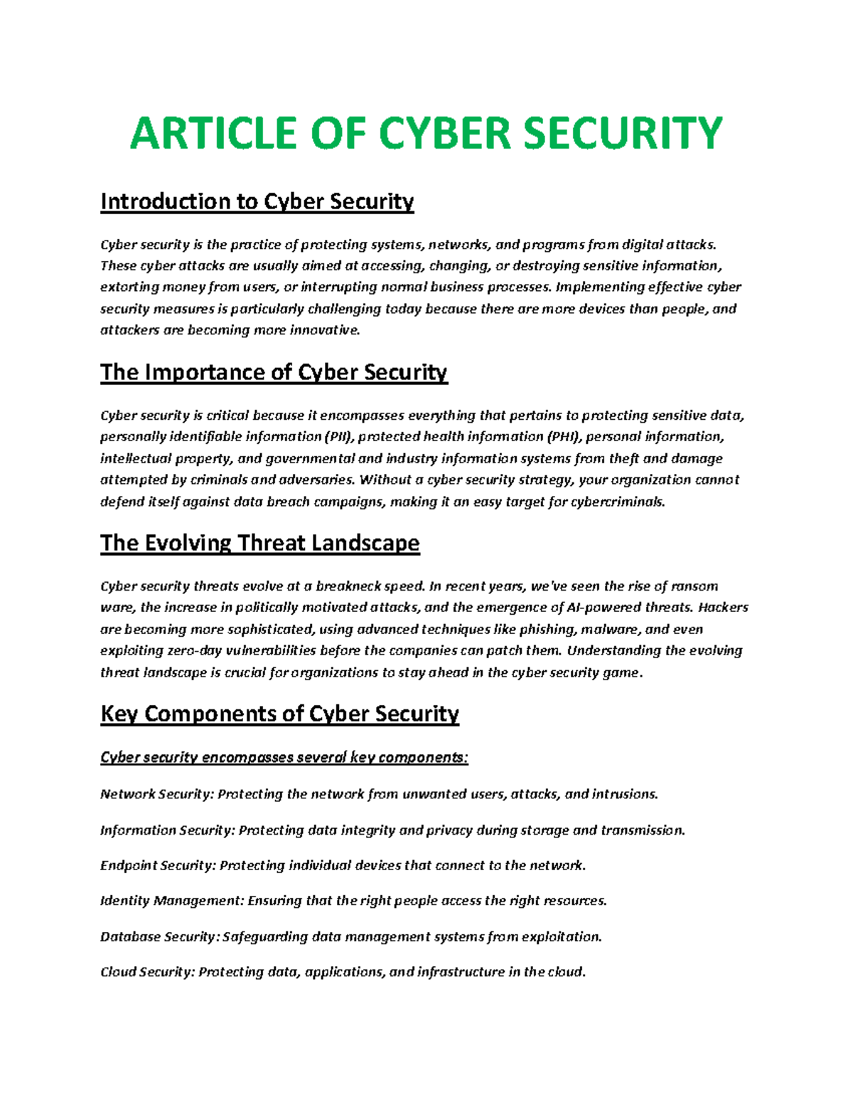 Cybersecurity 1 - IMPORTANCE OF CYBER SECURITY - ARTICLE OF CYBER ...