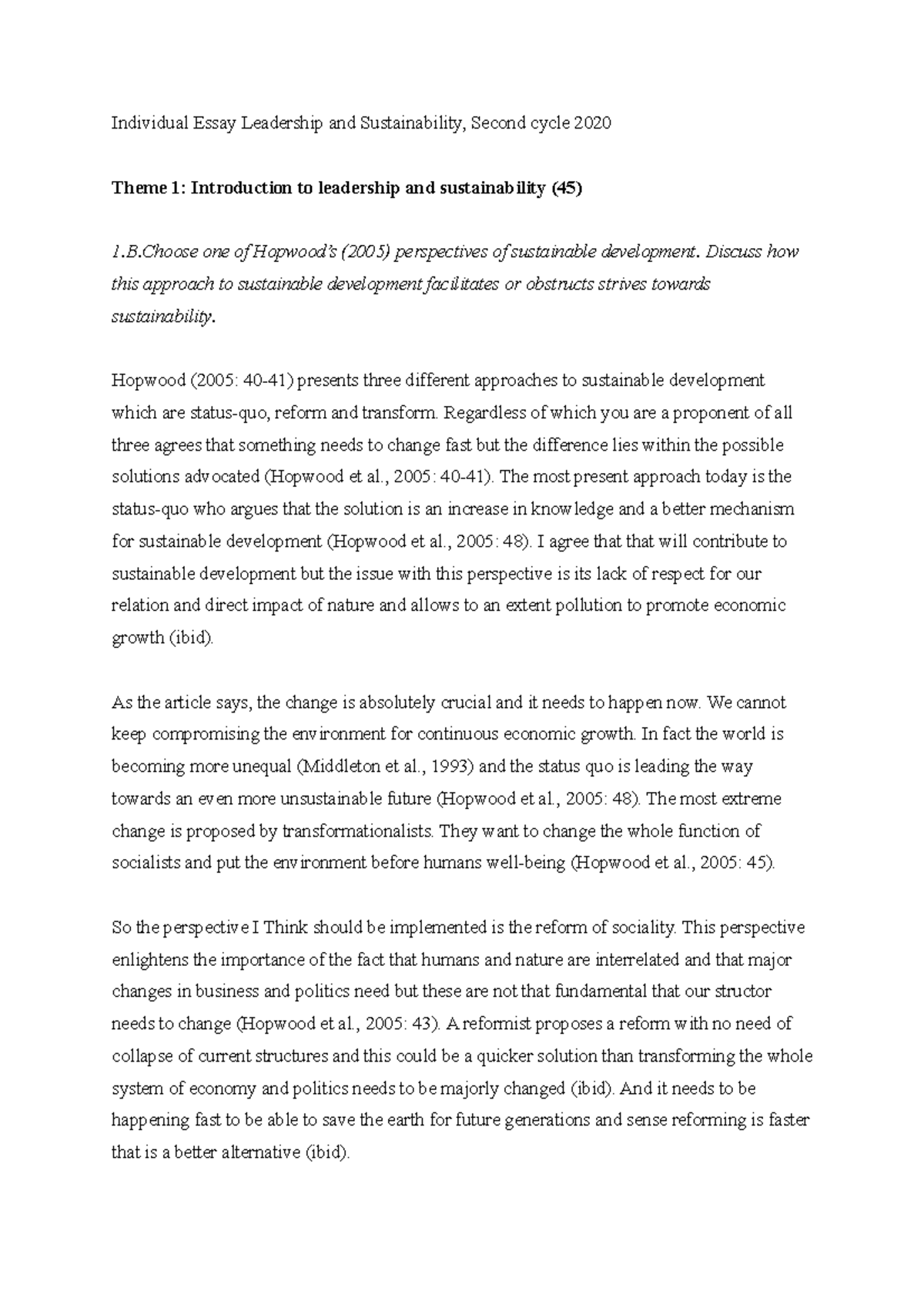 Leadership and sustainability Individual Essay - Individual Essay ...
