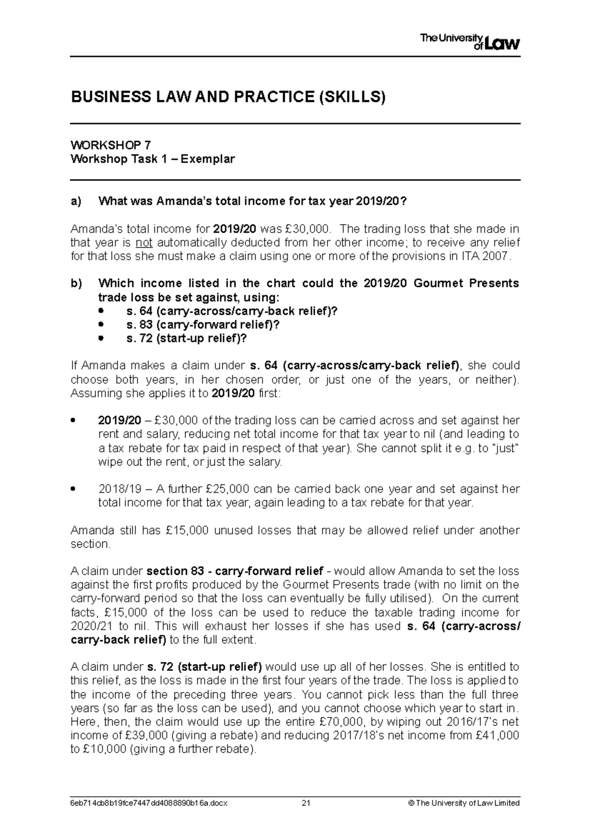 Task 1 Exemplar - BUSINESS LAW AND PRACTICE (SKILLS) WORKSHOP 7 ...