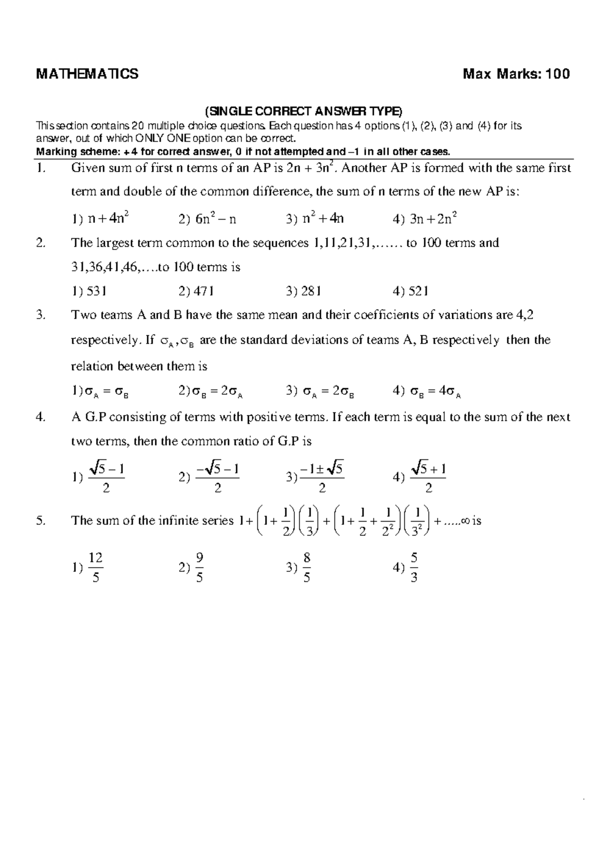 Assessment # 147 (Main) Question Paper - MATHEMATICS Max Marks: 100 ...