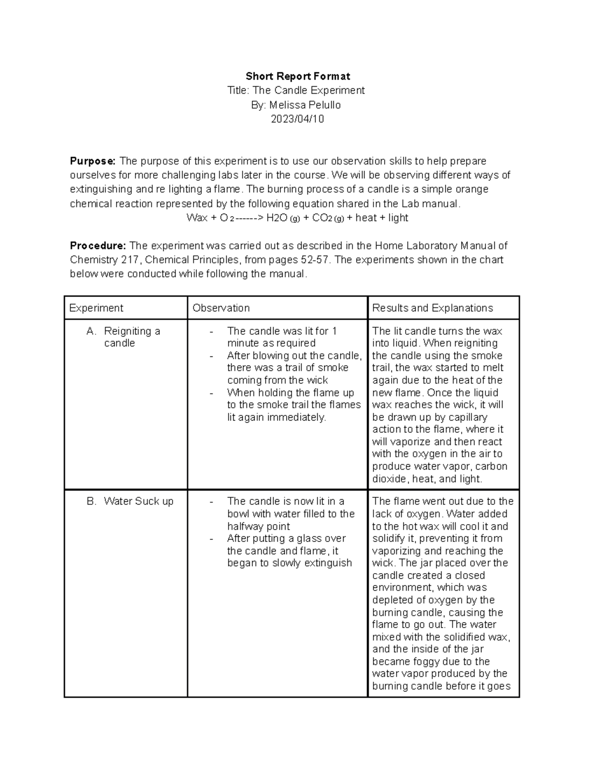 Candle Experiment Short Report Format Title The Candle Experiment By