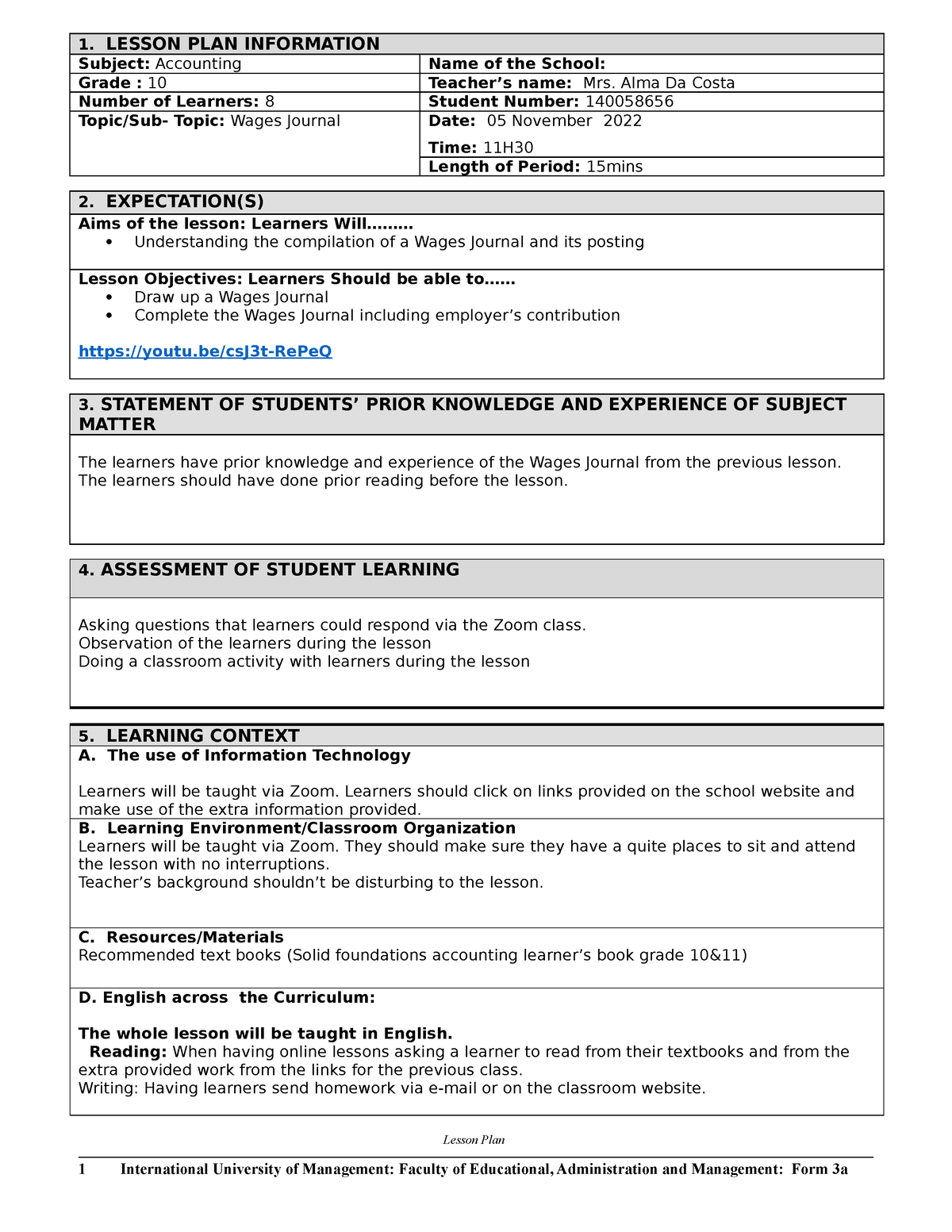 Lesson Plan Template for IUM Accounting Grade 10 1 LESSON PLAN