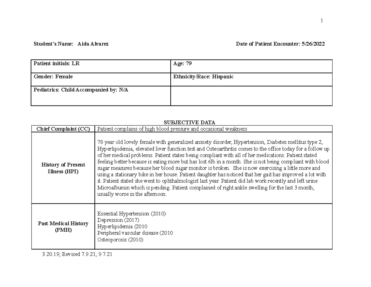 SOAP NOTE 2 - SOAP - Student’s Name: Aida Alvarez Date of Patient ...