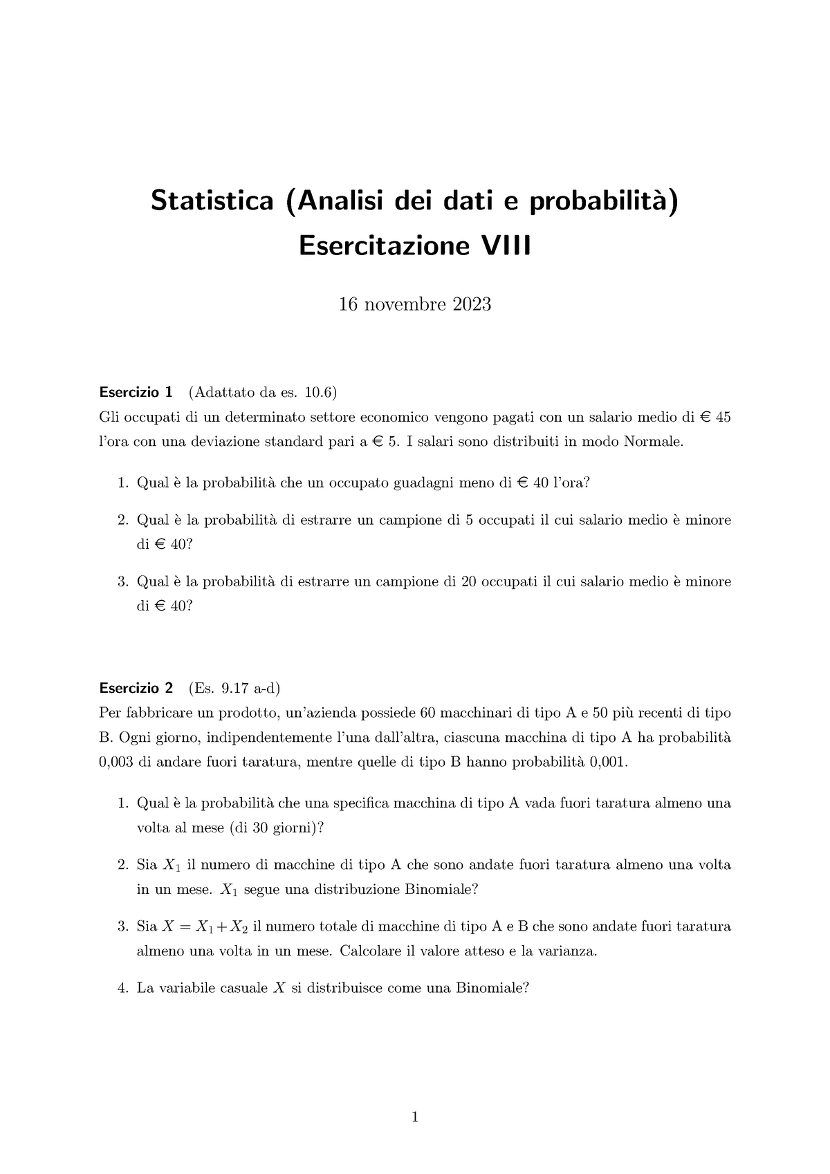 Esercitazione 16 Novembre 2023 - Statistica (Analisi Dei Dati E ...