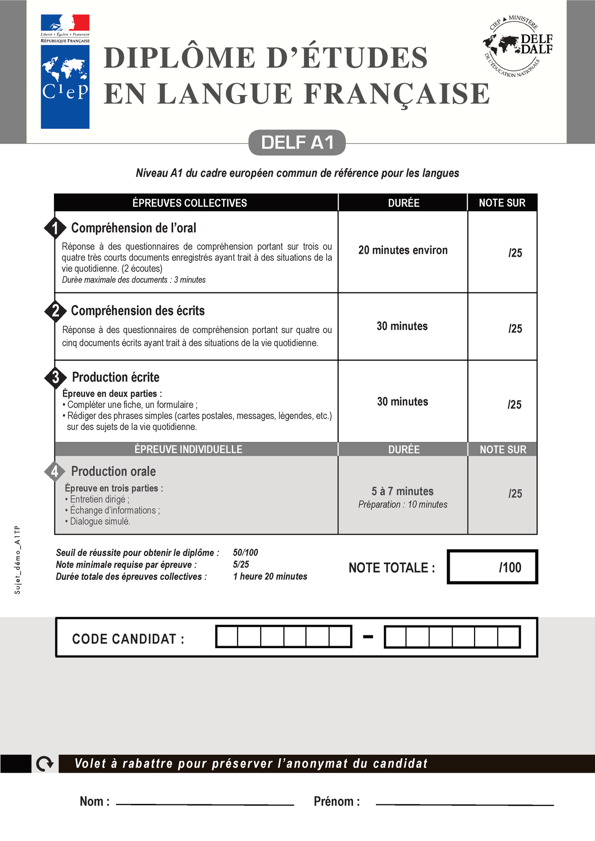 Exemple 4 Sujet Delf A1 Tp Document Candidat Comprehension Ecrite Orale ...