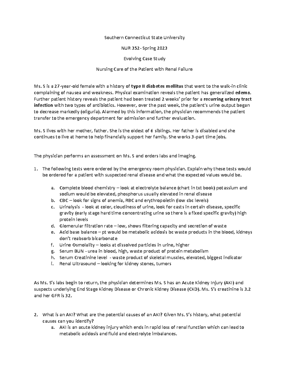 NUR 352 evolving case study Renal Failure Spring 2023 Southern