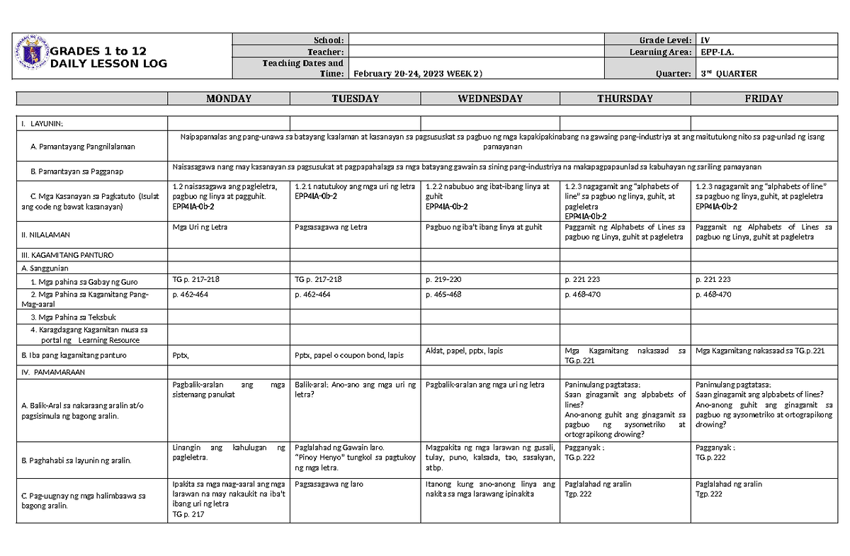 DLL EPP 4 Q4 W2 - DLL - GRADES 1 to 12 DAILY LESSON LOG School: Grade ...