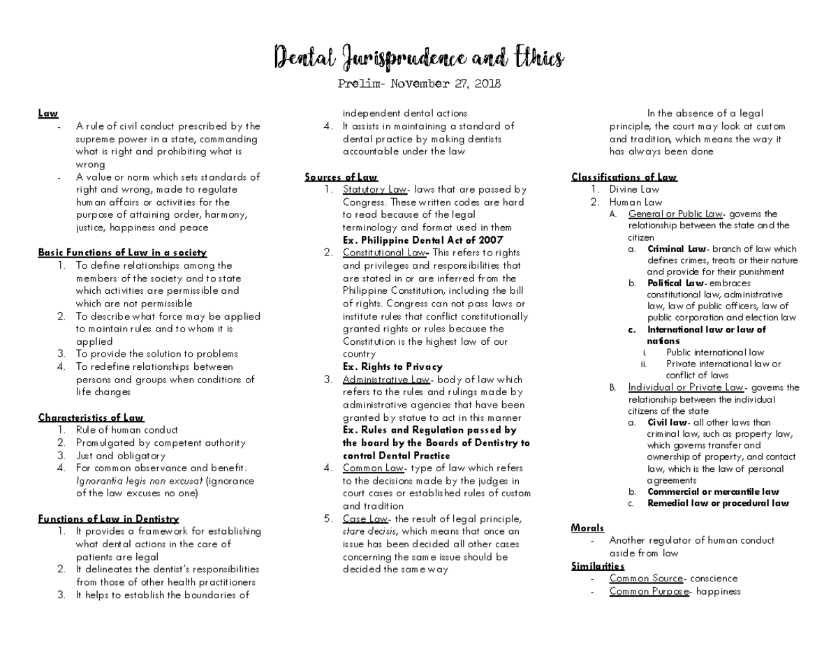 Juris Prelim NOV27 dental jurisprudence lecture notes, notes, lecture