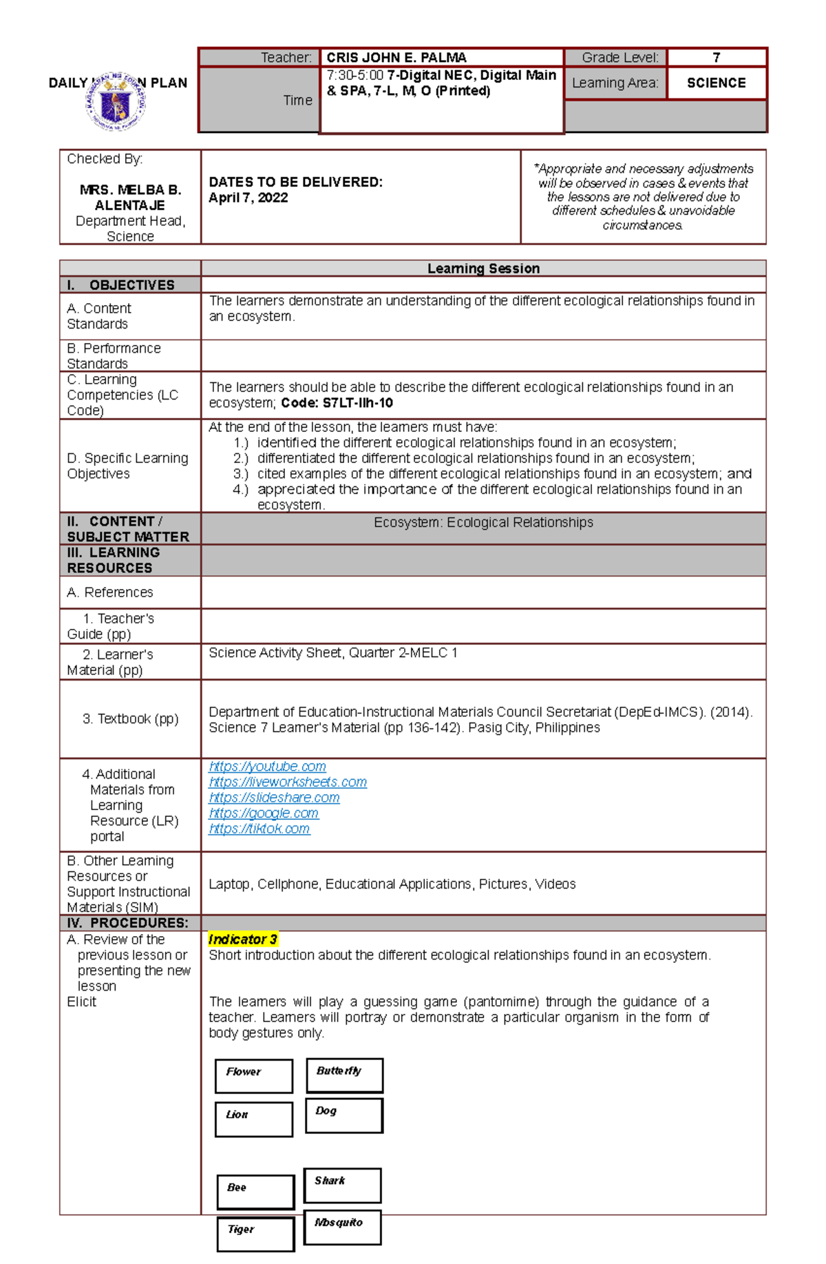 Palma 1st DLP COT1 2022 - lesson - Checked By: MRS. MELBA B. ALENTAJE ...