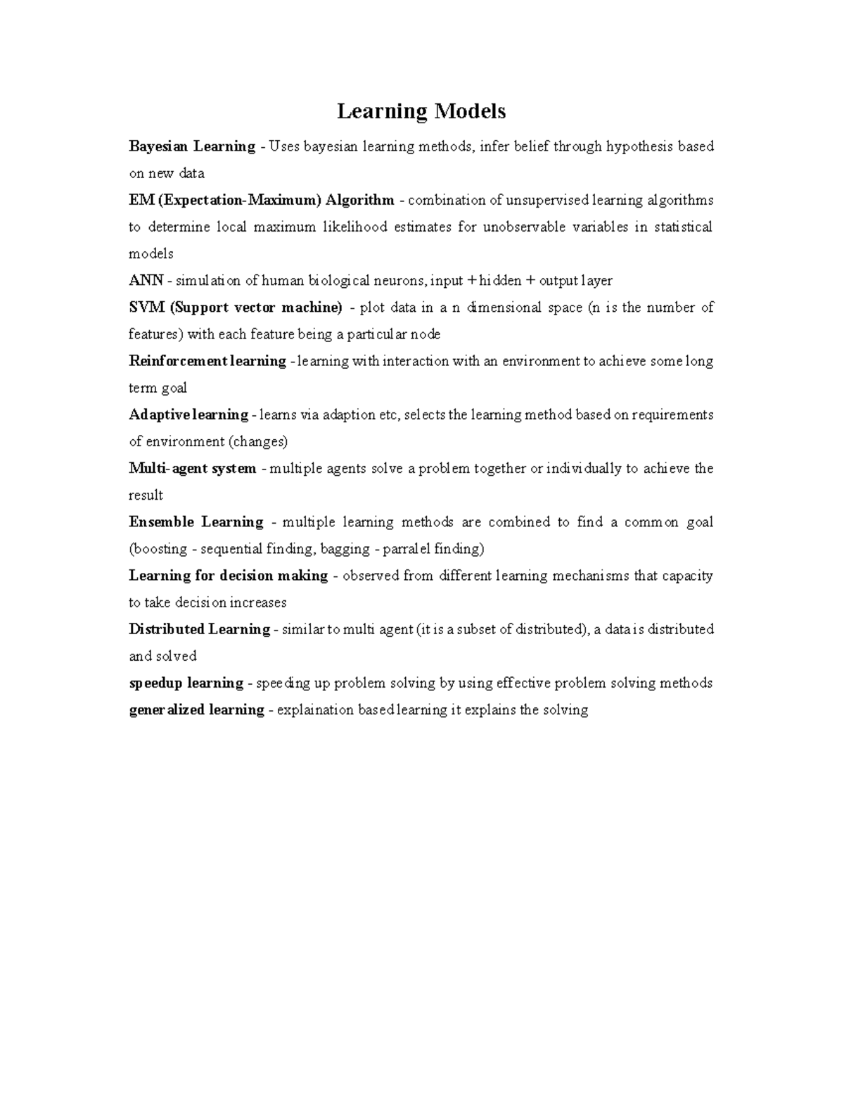 Short Notes Unit 4 & 5 - Learning Models Bayesian Learning - Uses ...